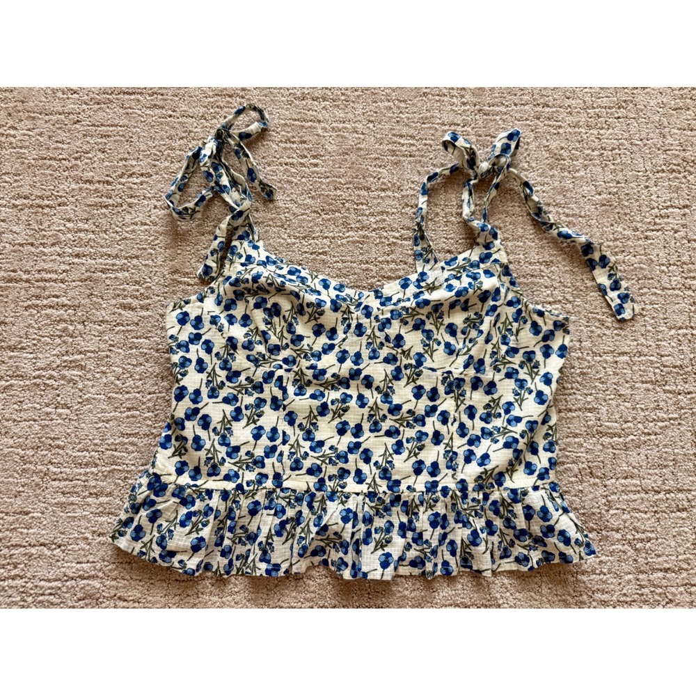 Dizzy Lizzy Cami Top Women Large Blue Floral Smocked Bow Tie Strap Ruffle Sz L